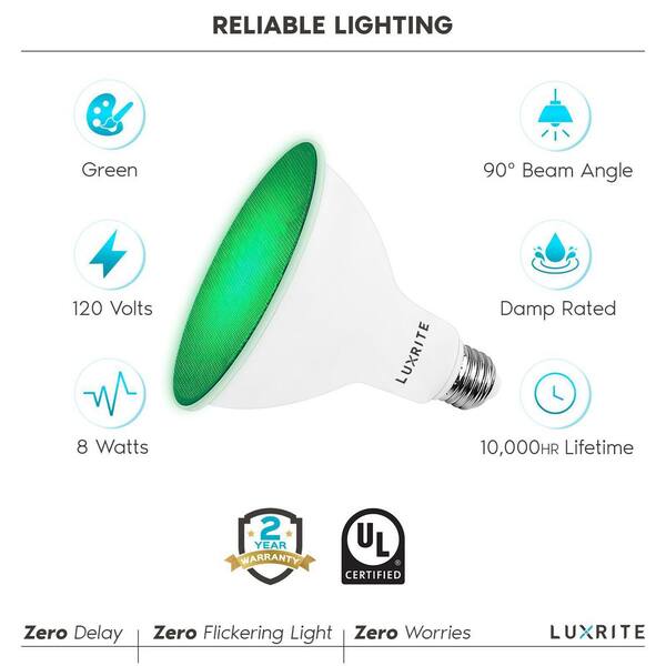 Luxrite LED PAR38 Flood Green Light Bulb, 8w=45w, Damp Rated, UL Listed, E26 Base, Indoor Outdoor, Decoration