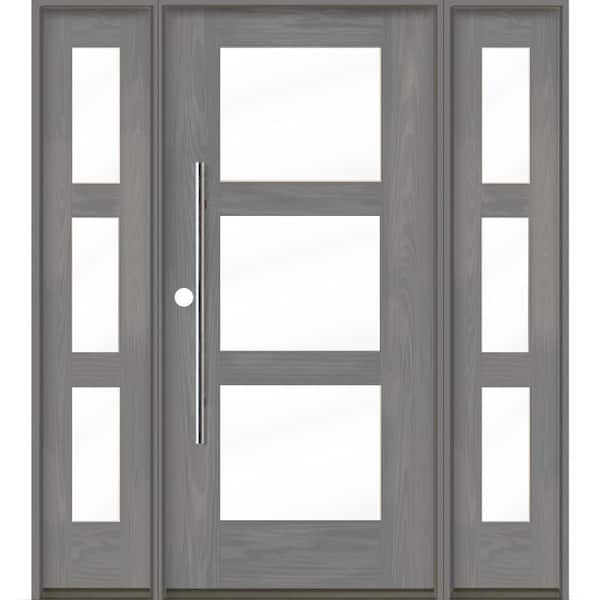 Krosswood Doors Faux Pivot 64 in. x 80 in. 3-Lite Right-Hand/Inswing Clear Glass Malibu Grey Stain Fiberglass Prehung Front Door w/DSL