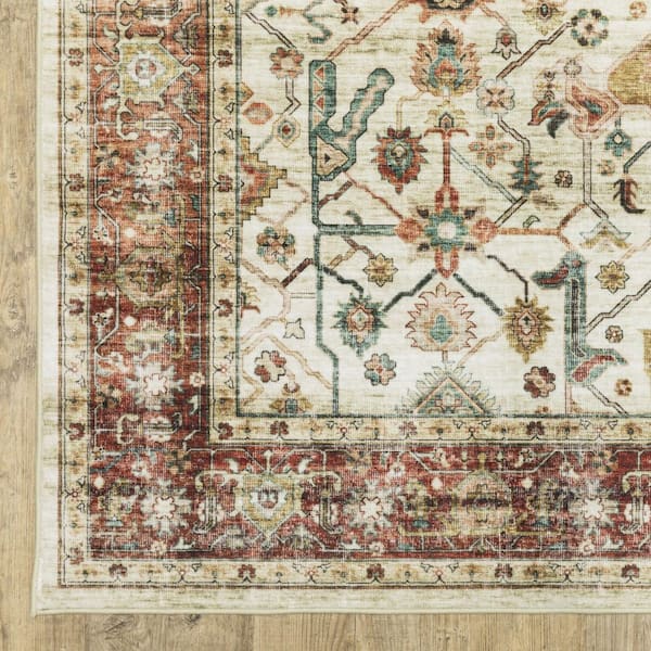 4 ft. x 5 ft. Blue, Red Medallion Washable Area Rug