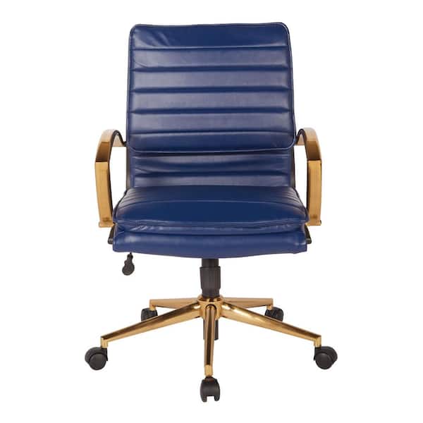 Office Star Products Mid-Back Faux Leather Chair with Gold in Navy Faux Leather