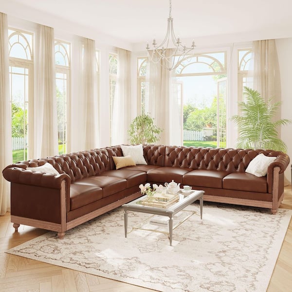 104 in. Mirod Comfy Large PU Leather Sectional Sofa with Wooden Legs in Light Brown
