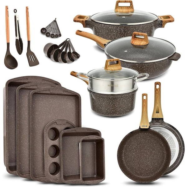 20 Piece Cookware Set-Pots and Pans with Handle Grips and Tempered Glass Lids, With 6-piece Bakeware Set, Brown Marble