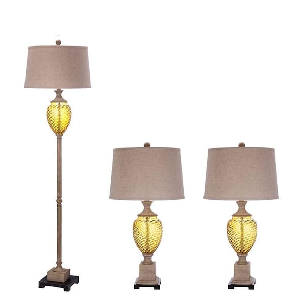 Fangio Lighting 65 in. Antique Ivory Amber Glass and Metal Lamp Set with Black Base