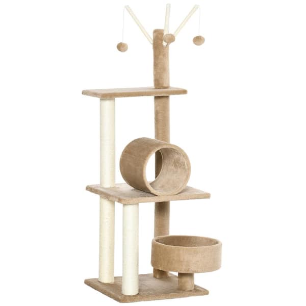 PawHut Cat Tree for Indoor Cats Cat Condo Kitty Tower with Scratching Post, Elevated Fun Cat Beds, Tunnel, Cat String Toys