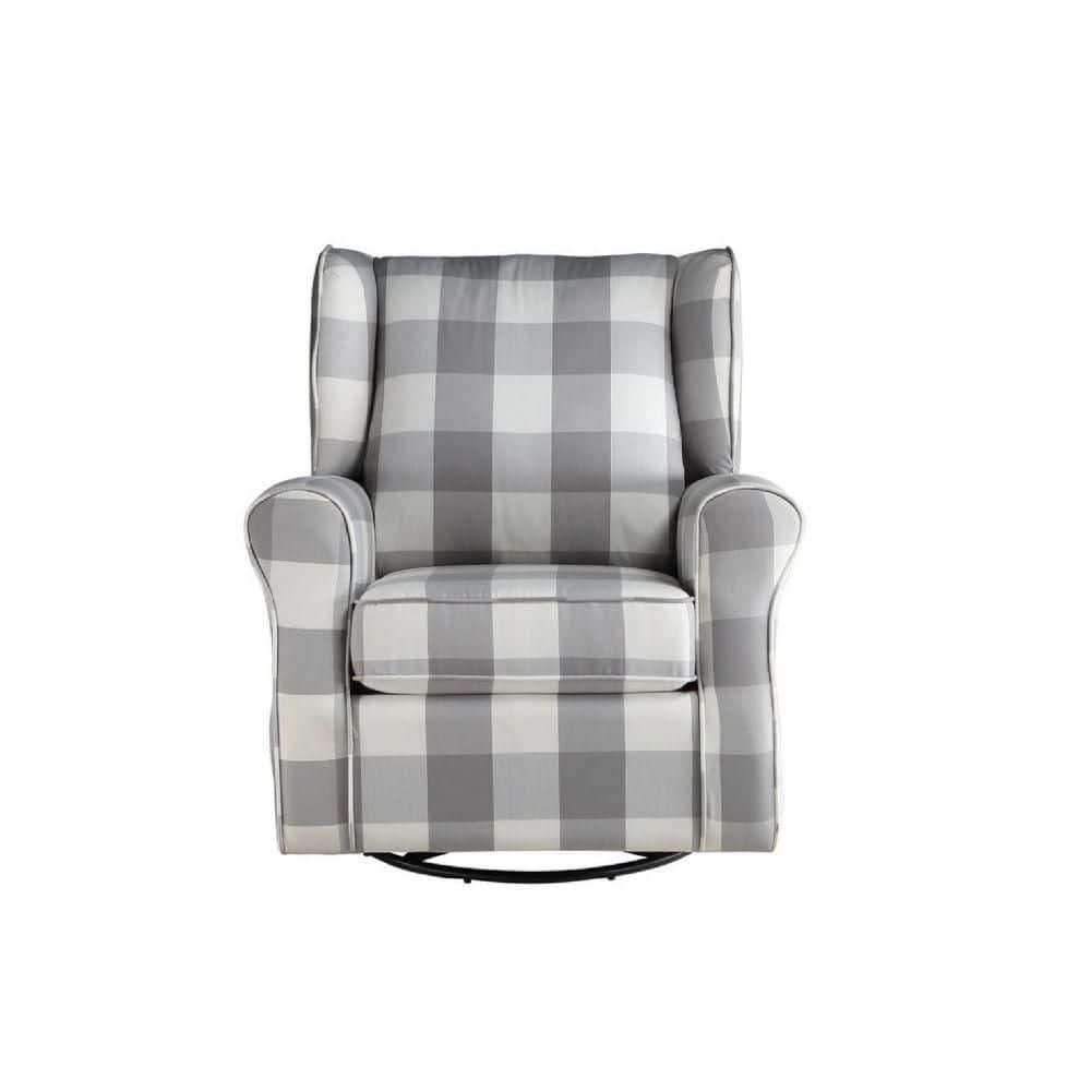 Gray Plaid Swivel Accent Chair with Metal Base