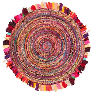Braided Red/Multi 6 ft. x 6 ft. Round Solid Area Rug