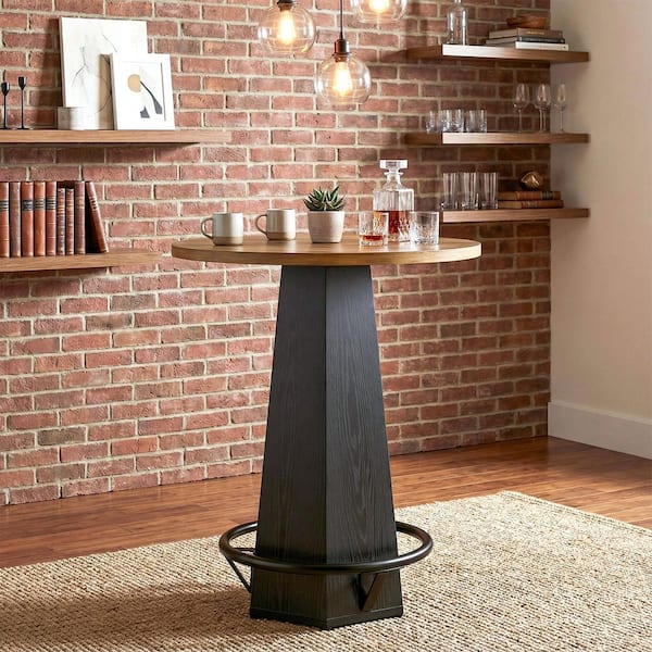 39.4 in. H Brown and Black Round Bar Table with Metal Footrest, Industrial Bistro Cocktail Pub Table
