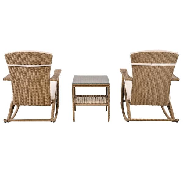 Zeus & Ruta Brown Wicker Double Outdoor Rocking Chair with Beige Cushions and Coffee Table for Backyard, Garden, Poolside