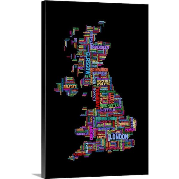 GreatBigCanvas "United Kingdom Cities Text Map, Multicolor on Black" by Michael Tompsett Canvas Wall Art