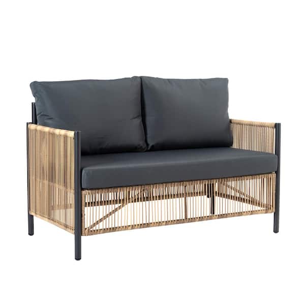 Unbranded 6-Piece Wicker Patio Conversation Set with Coffee Table, Brown PE Wicker Sofa Set with Grey Cushions