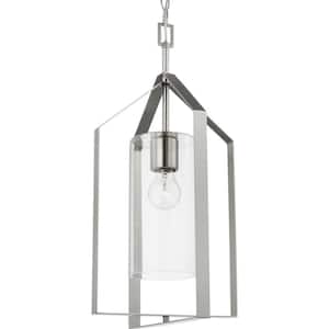 Vertex Collection 1-Light Brushed Nickel Clear Glass Contemporary Foyer Light