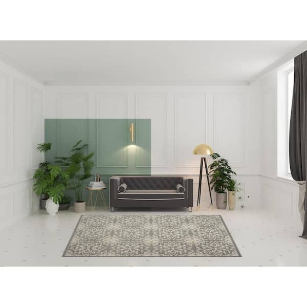 7 ft. x 10 ft. Gray Floral Washable Square Area Rug