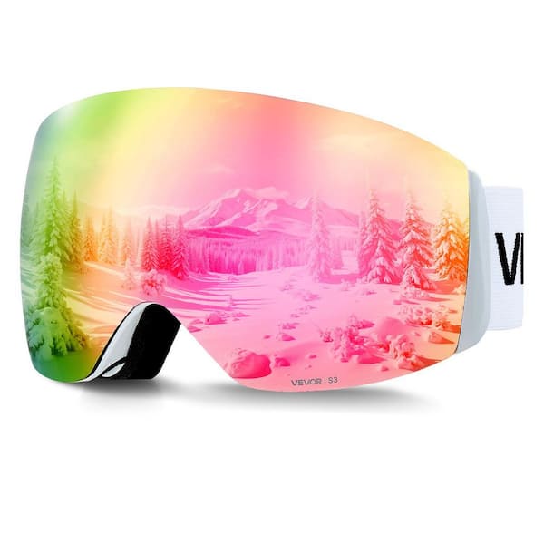 Frameless Ski Goggles, Spherical Lens with Pink Revo Coating, OTG Anti-Fog Snow Goggles for Men Women Youth, TPU Frame
