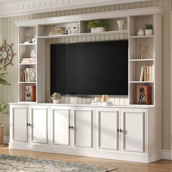 White TV Stand Entertainment Center Fits TV's up to 70 in. with Bookshelf, Bridge and Adjustable Shelf
