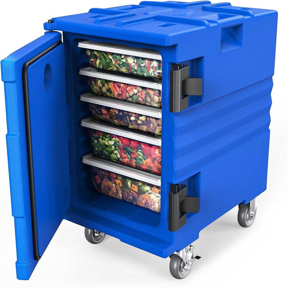 82 QT Blue Insulated Food Pan Carrier with Lockable Wheels