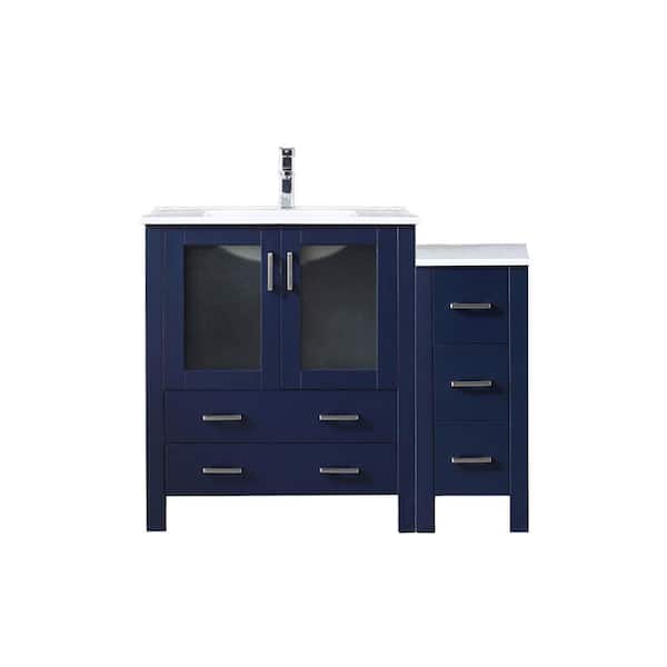 Volez 42 in W x 18.25 in D Navy Blue Single Bath Vanity with Side Cabinet, White Ceramic Top, and Faucet Set