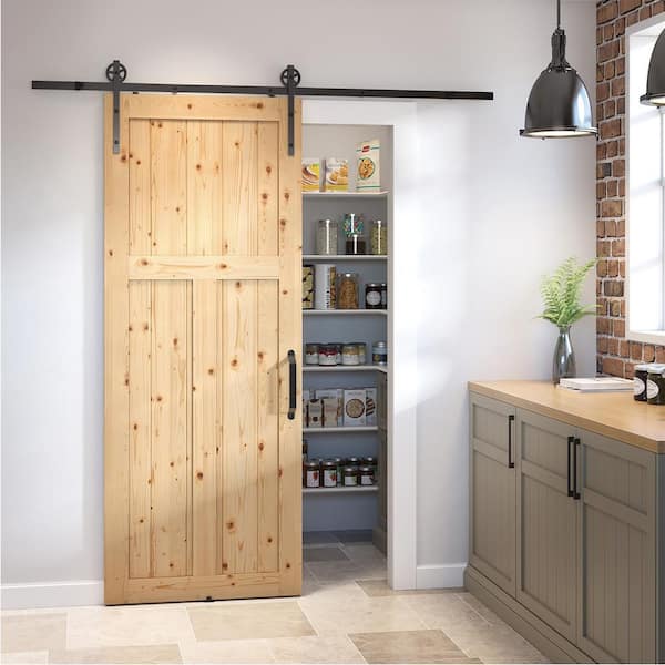 37 in. x 84 in. Craftman 3-Panel Unfinished Knotty Pine Interior Barn Door Slab