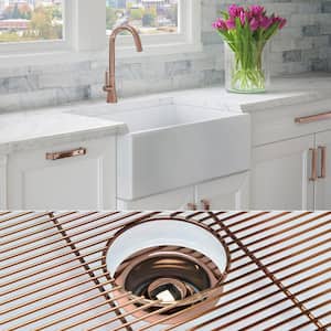 Luxury White Solid Fireclay 30 in. Single Bowl Farmhouse Apron Kitchen Sink with Polished Rose-Gold Accs and Flat Front