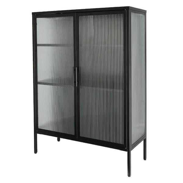 Tatahance Black Steel Floor Sideboard Cabinet with Tempered Glass Door and Adjustable Shelves