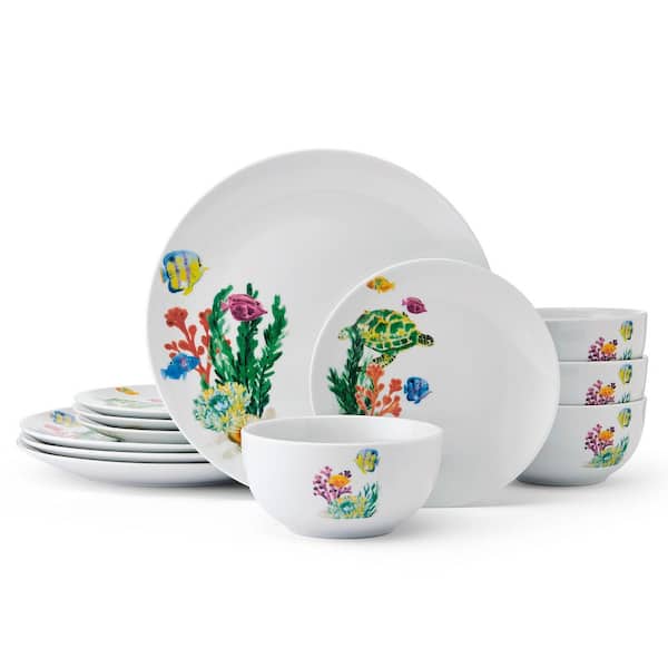 Coastal Ocean Underwater Life 12-Piece Multicolored Porcelain Dinnerware Set, Service for 4