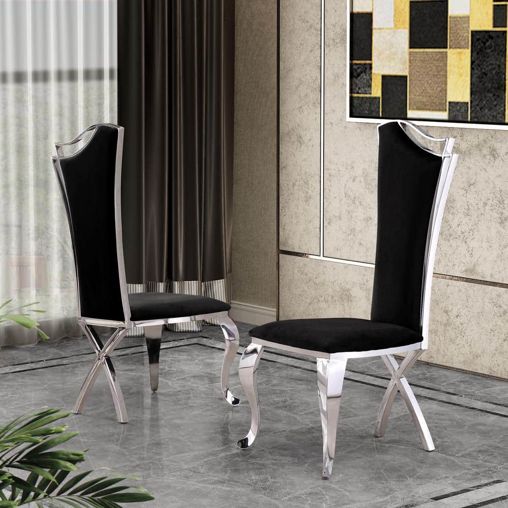 Tall Black Velvet Side Chair with Silver Metal Frame