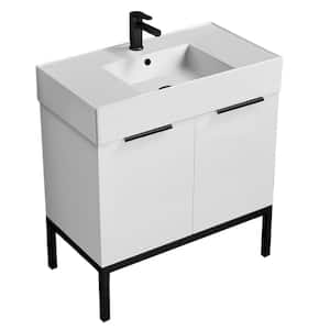 Derin 31.9 in. W x 17.3 in. D x 34.65 in. H Modern Bathroom Vanity in Glossy White With White Ceramic Top