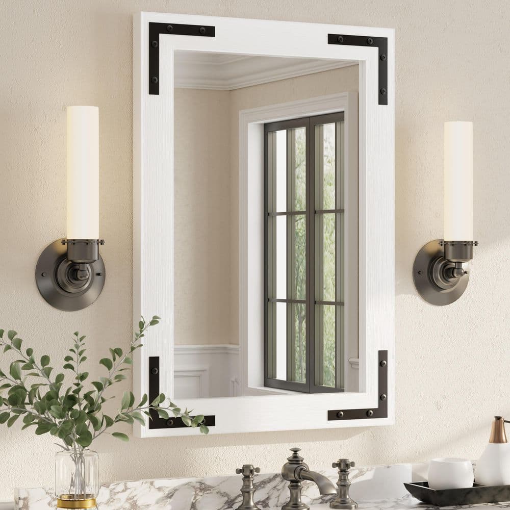 18 in. W x 26 in. H Rectangular Rustic Farmhouse Solid Wood Framed & Tempered Glass Wall Bathroom Vanity Mirror in White price history on PriceWatchPro