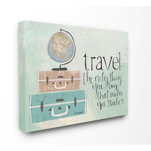 24 in. x 30 in. "Aqua Blue Travel Makes You Richer Suitcases and Globe Drawing Canvas Wall Art" by Katie Douette