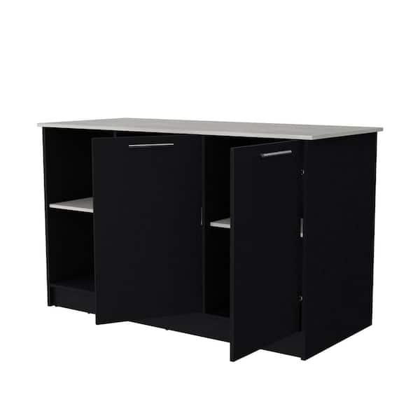 Black Wood 59.0 in. Kitchen Island with Double Door Cabinets and 2 Open Storage Shelves
