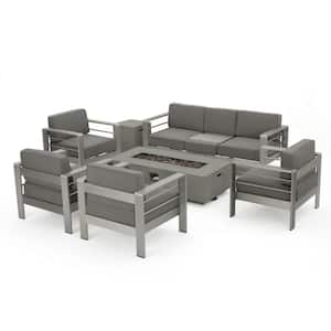 Valentina Khaki 7-Piece Aluminum Outdoor Patio Fire Pit Conversation Set with Khaki Cushions