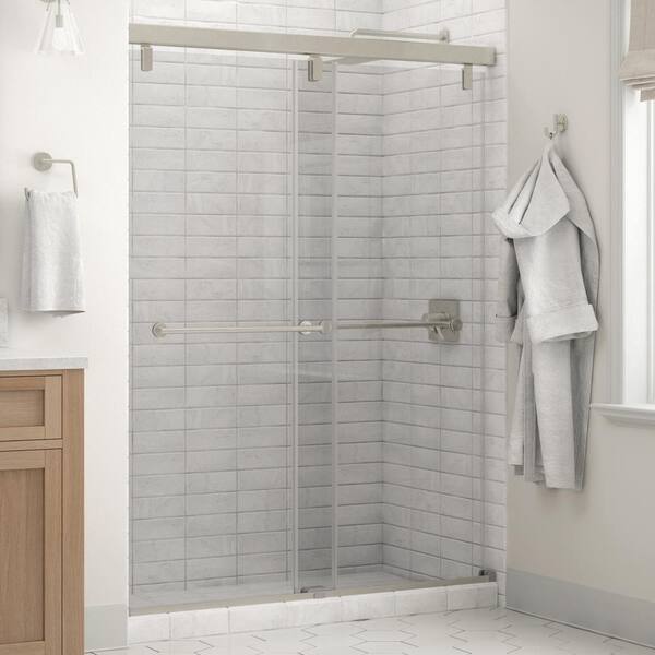 Delta Crestfield Mod 50-1/8 to 58-1/2 in. W x 71-1/2 in. H Soft-Close Frameless Sliding Shower Door, Nickel, Clear Glass