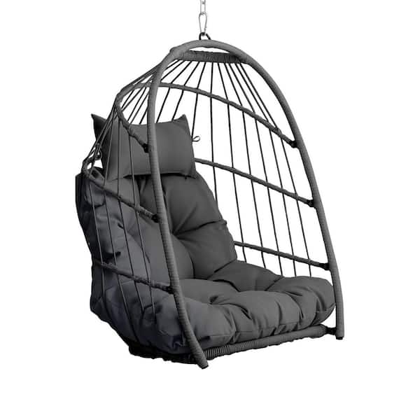 Avex 28.34 in. 1-Person Gray Wicker Metal Patio Swing Outdoor Egg Hanging Chair with Gray Cushions