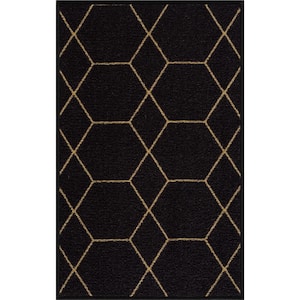 Hexagon Design Black Gold Color 19.5 in. x 32 in. Polyamide Stair Tread Cover Matching Mat