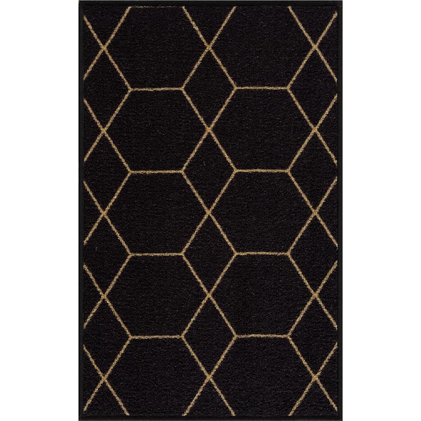 Hexagon Design Black Gold Color 19.5 in. x 32 in. Polyamide Stair Tread Cover Matching Mat