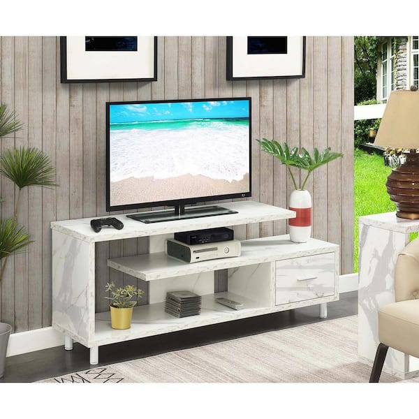 Convenience Concepts Seal II 59 in. White Faux Marble Particle Board TV Stand with 1-Drawer Fits up to 65 in. TV with Shelves