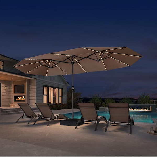 PURPLE LEAF 15 ft. Solar LED Lights Market Umbrella with Double Sided Outdoor Patio Umbrellas with Base in Taupe