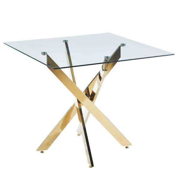35.43 in. W Square Outdoor Dining Table with Golden Cross Metal Leg and Tempered Glass Top