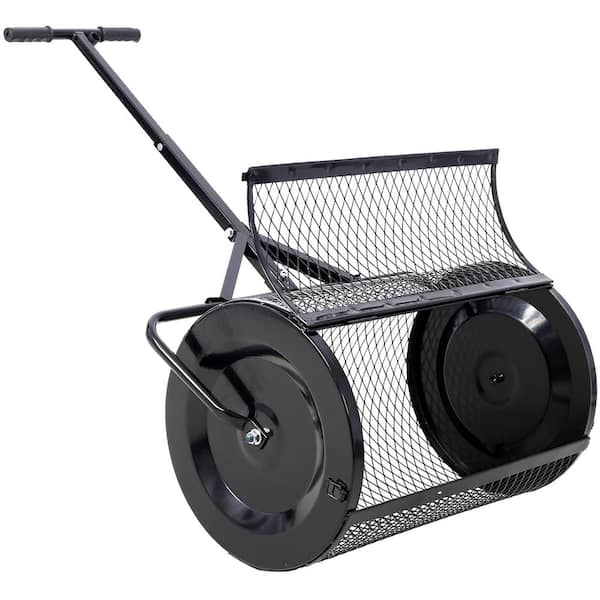 24 in. Peat Moss Spreader, Compost Spreader Metal Mesh, T Shaped Handle, Garden Care Manure Spreaders Roller, Black