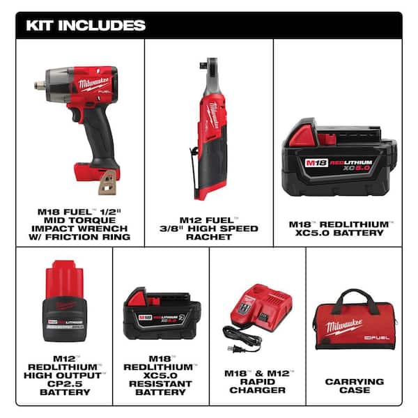 M18 FUEL 18V Cordless Mid Torque 1/2 in. Impact Wrench with M12 FUEL 3/8 in Ratchet Combo Kit with Battery & Charger