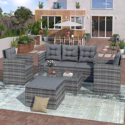 Gray 5-Piece Wicker Outdoor Sectional Set with Gray Cushions