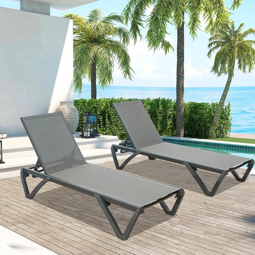 2-Pieces Gray Outdoor Aluminum Polypropylene Chair Poolside Sunbathing Chai