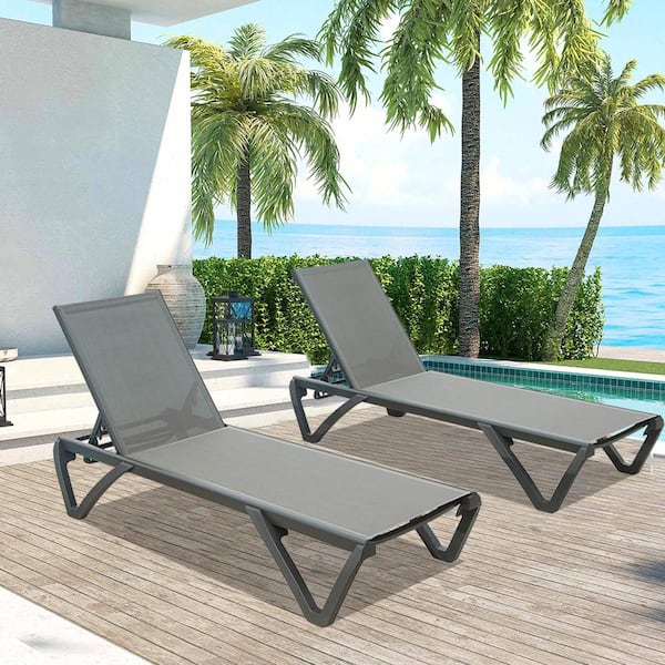 Unbranded 2-Pieces Gray Outdoor Aluminum Polypropylene Chair Poolside Sunbathing Chaise Lounge Chair with Adjustable Backrest