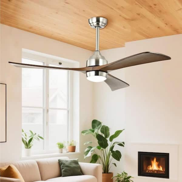 TaiMei 52 in. Brushed Nickel Walnut Downrod Standard Ceiling Fan with Dimmable Integrated LED with Remote Included DC Motor