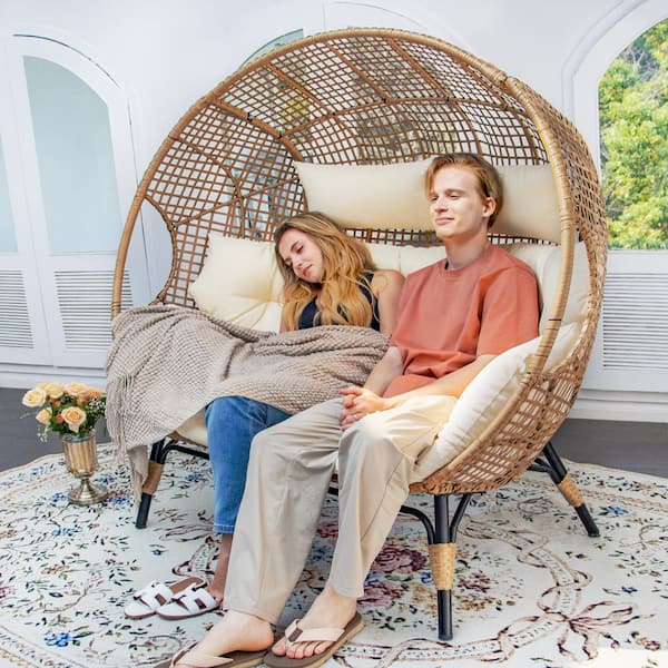 2-Person Wicker Outdoor Egg Lounge Chair with Cushion, Beige