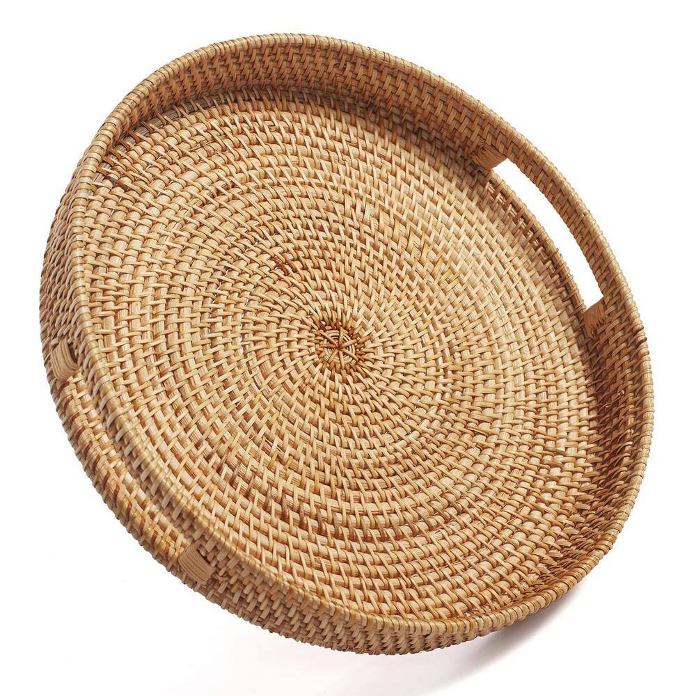 14 in. Dia. Round Natural Rattan Woven Serving Tray with Handles for Ottoman and Coffee Table price history on PriceWatchPro
