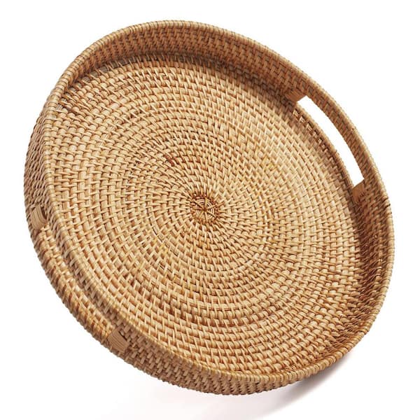 Angel Sar 14 in. Dia. Round Natural Rattan Woven Serving Tray with Handles for Ottoman and Coffee Table