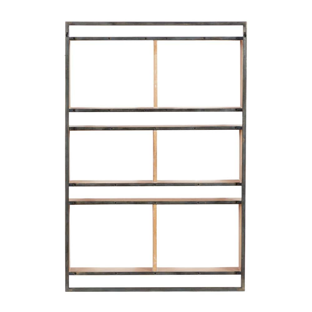 Industrial Brown Wood and Black Metal Rectangular Wall Shelf