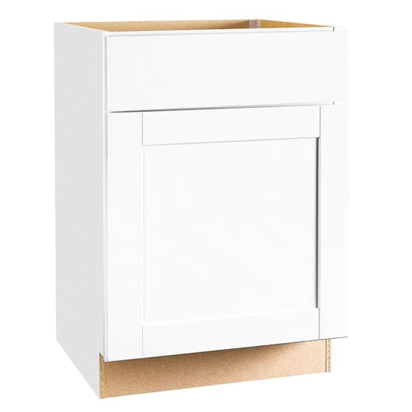 Hampton Bay Shaker 24 in. W x 24 in. D x 34.5 in. H Assembled Base Kitchen Cabinet in Satin White with Ball-Bearing Drawer Glides