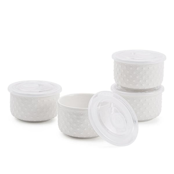 4-Piece Round Porcelain Ramekin Set with Lids Oven Safe Baking Bowls for Souffle Creme Brulee Sauce Dessert