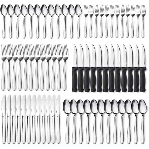 72-Piece Silver Stainless Steel Silverware Set with Steak Knives Forks Spoons, Knives Set, Dishwasher Safe Utensil Sets
